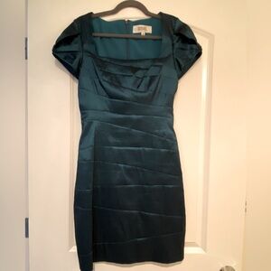 Badgley Mischka Dark Teal knee-length formal dress with beaded sleeve detail
